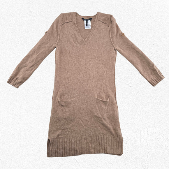 BCBGMAXAZRIA Wool Yak Sweater Dress Vicuna Roll Tab Sleeves Pockets Cozy Size XS - Picture 3 of 14